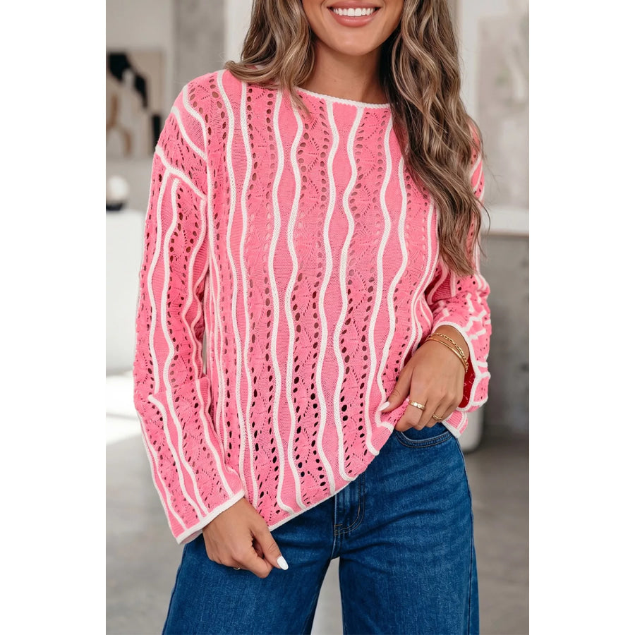 Wavy Detail Hollow Out Knit Long Sleeve Sweater Apparel and Accessories