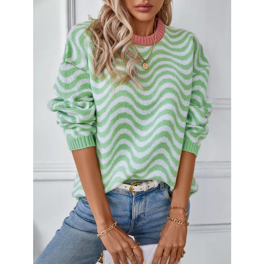 Wavy Striped Round Neck Sweater Gum Leaf / S Apparel and Accessories