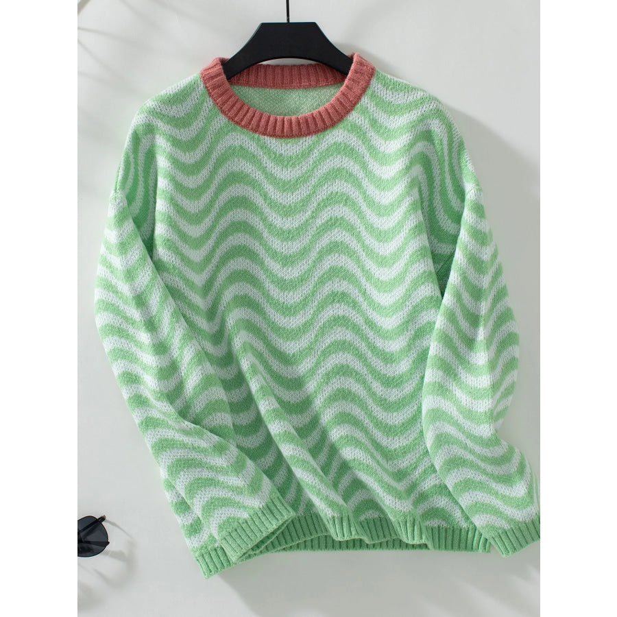 Wavy Striped Round Neck Sweater Apparel and Accessories