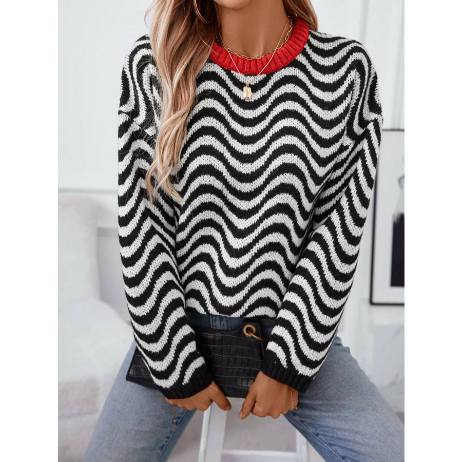 Wavy Striped Round Neck Sweater Apparel and Accessories