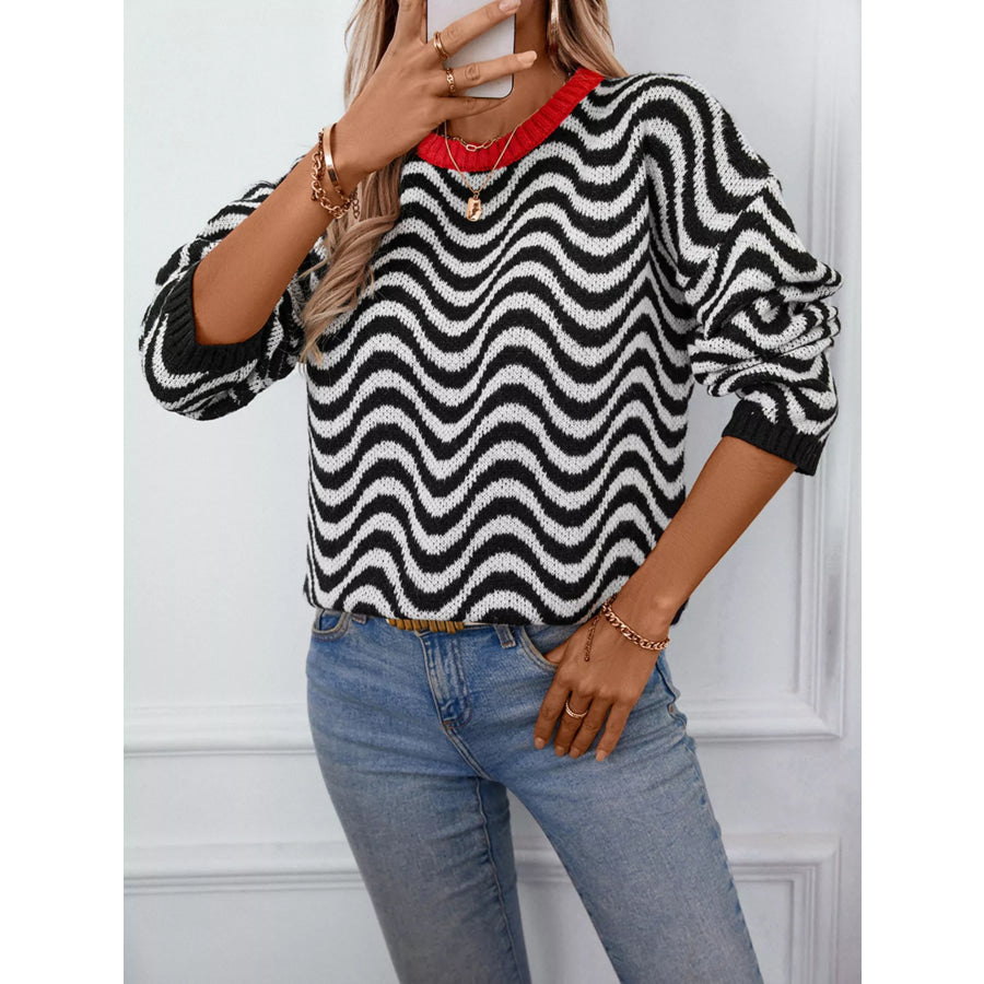 Wavy Striped Round Neck Sweater Apparel and Accessories