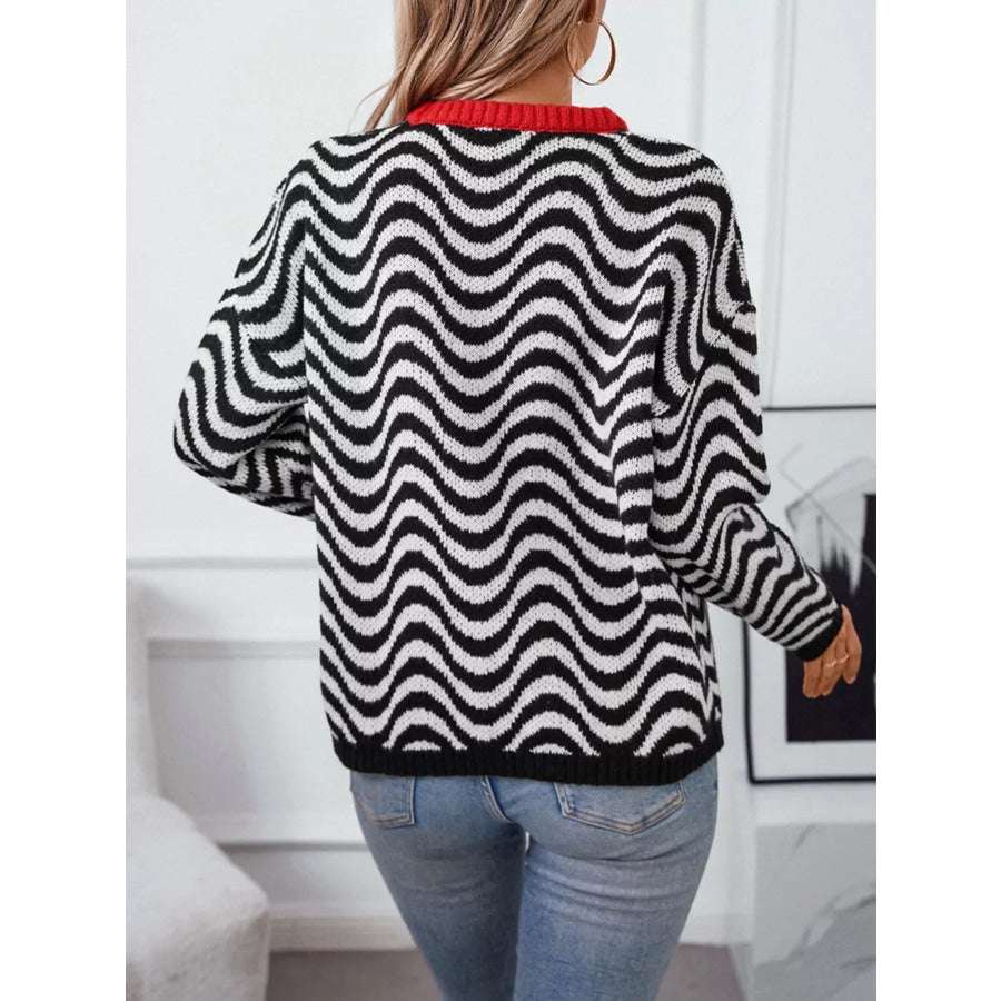 Wavy Striped Round Neck Sweater Apparel and Accessories