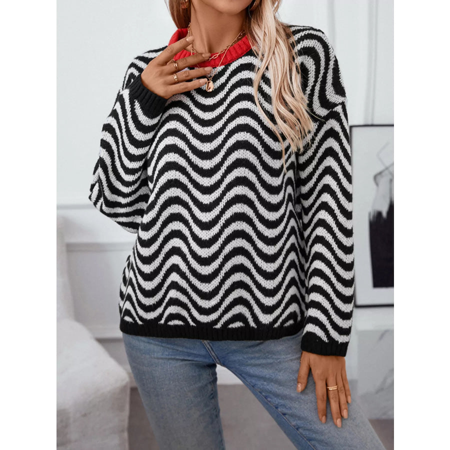 Wavy Striped Round Neck Sweater Apparel and Accessories