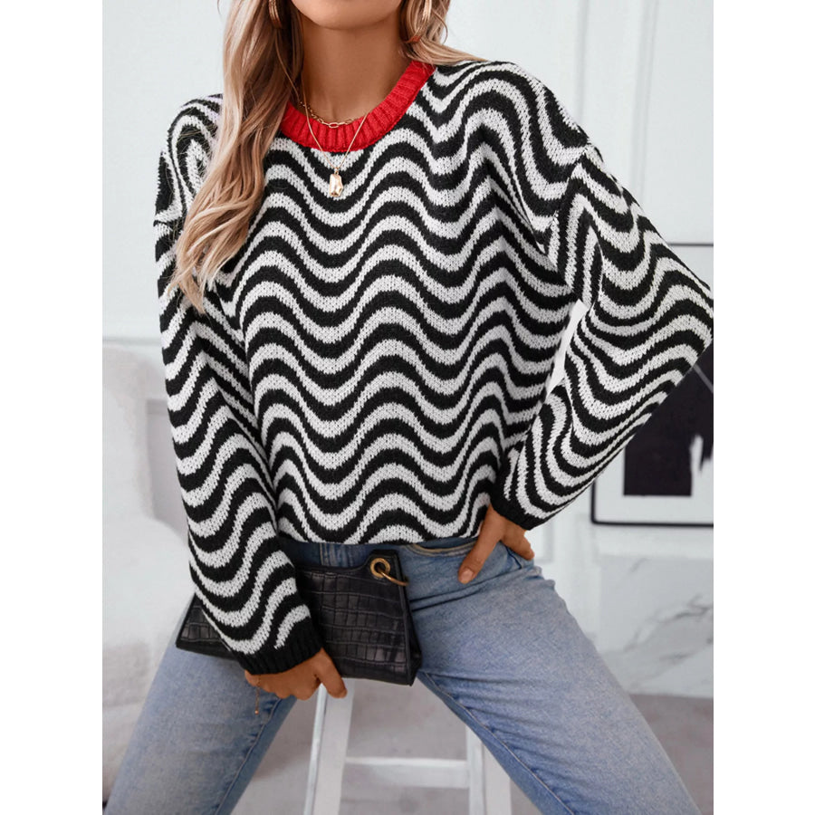 Wavy Striped Round Neck Sweater Black / S Apparel and Accessories