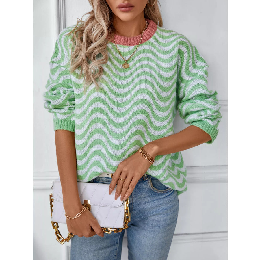 Wavy Striped Round Neck Sweater Gum Leaf / S Apparel and Accessories