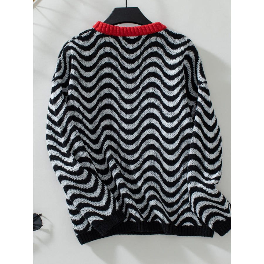 Wavy Stripes Round Neck Long Sleeve Sweater Apparel and Accessories