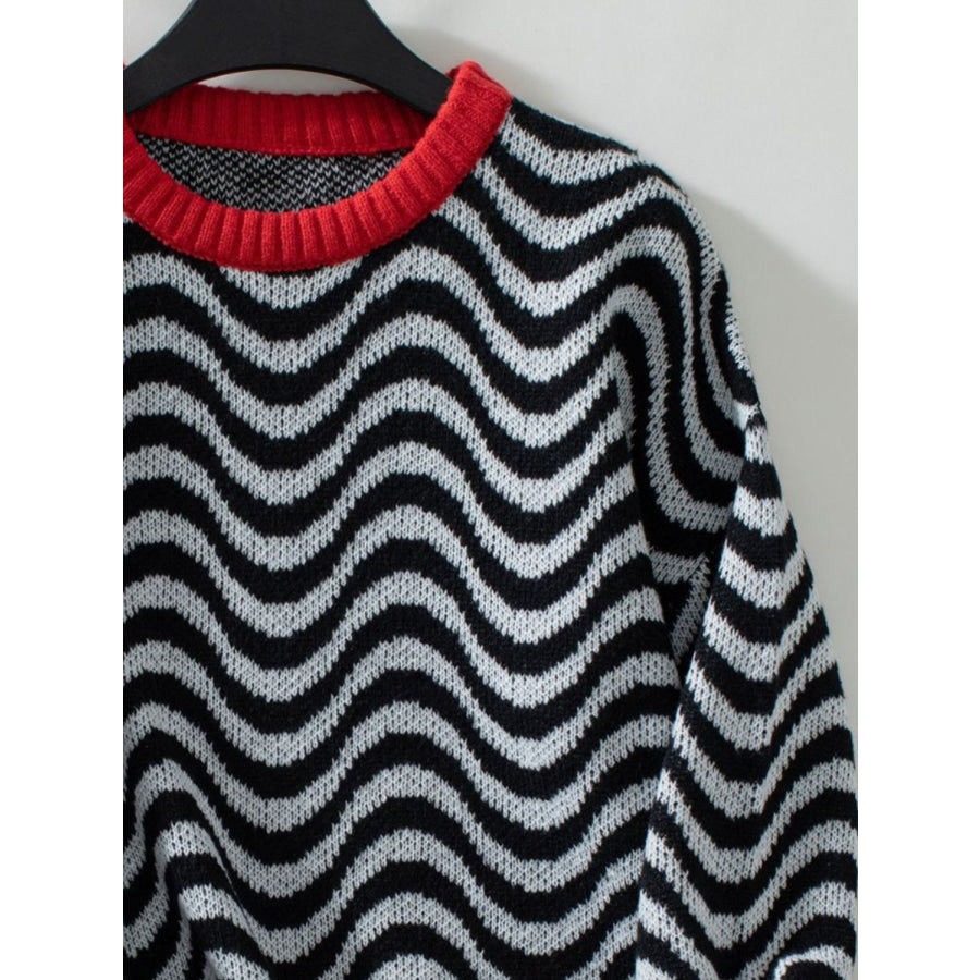 Wavy Stripes Round Neck Long Sleeve Sweater Apparel and Accessories