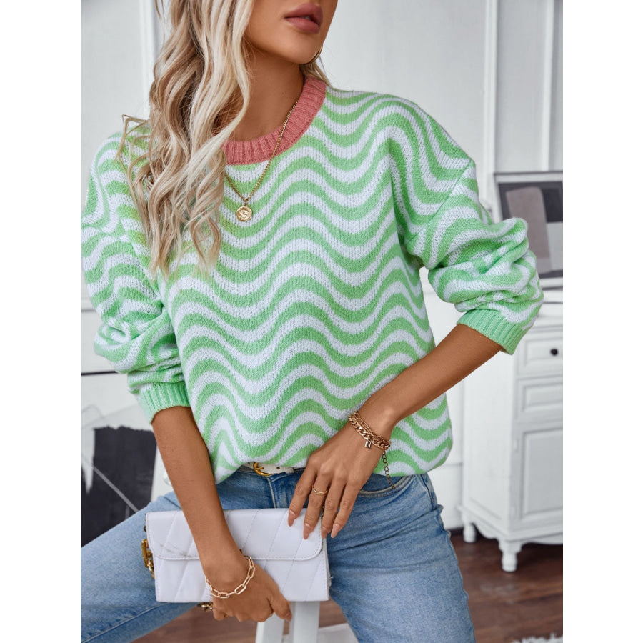 Wavy Stripes Round Neck Long Sleeve Sweater Apparel and Accessories