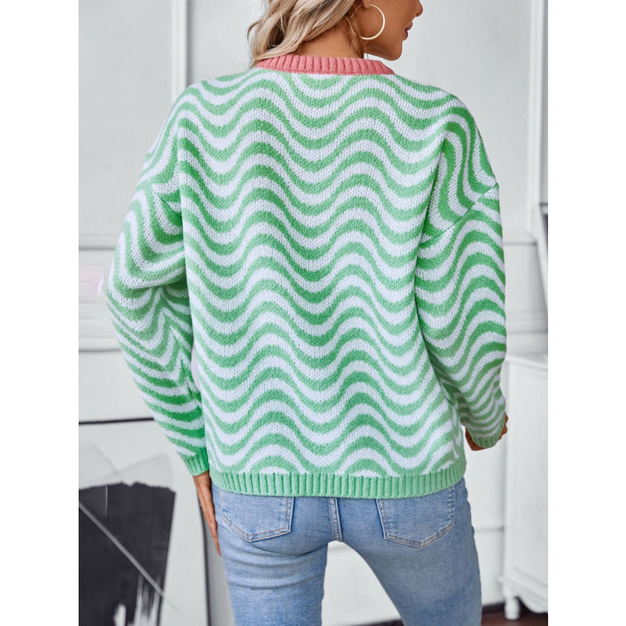 Wavy Stripes Round Neck Long Sleeve Sweater Gum Leaf / S Apparel and Accessories