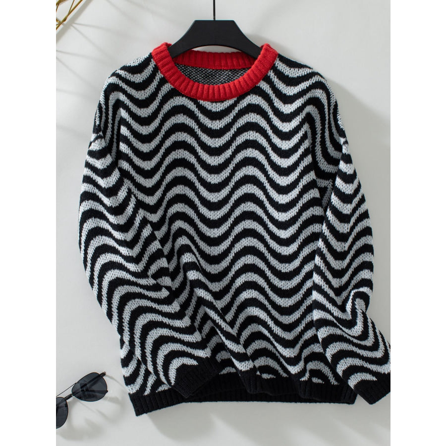 Wavy Stripes Round Neck Long Sleeve Sweater Black / S Apparel and Accessories