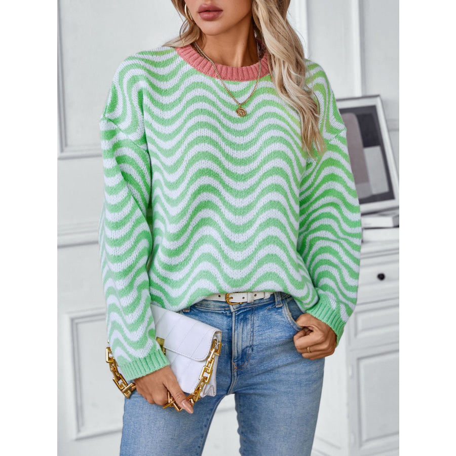 Wavy Stripes Round Neck Long Sleeve Sweater Gum Leaf / S Apparel and Accessories