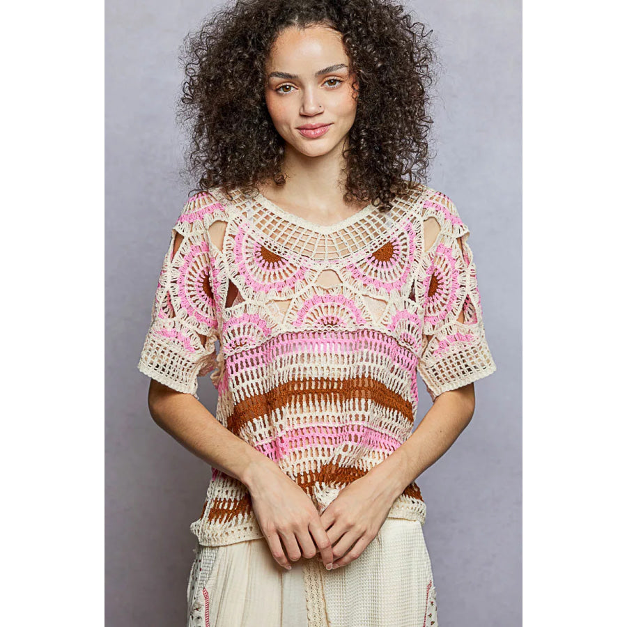 Weave Pattern Short Sleeve Crochet Top with Border Accents PINK MULTI / One Size Apparel and Accessories