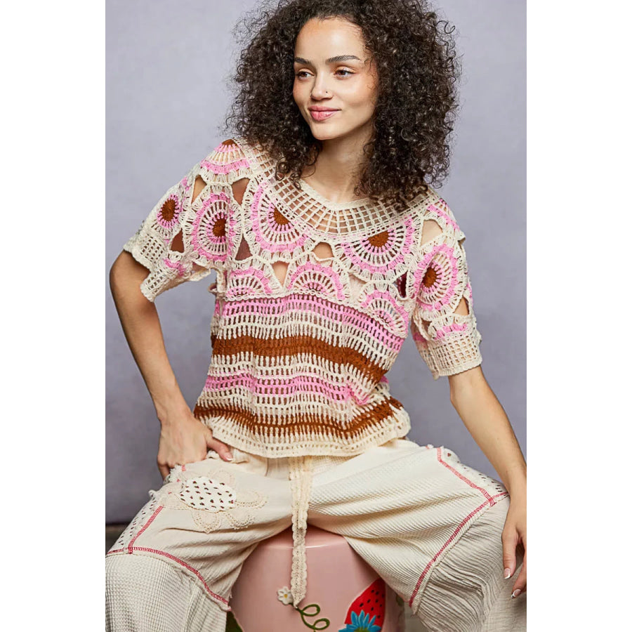 Weave Pattern Short Sleeve Crochet Top with Border Accents PINK MULTI / One Size Apparel and Accessories