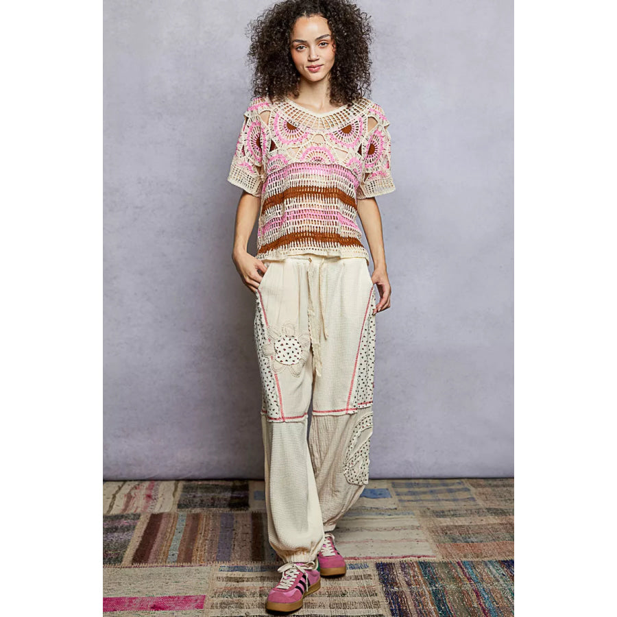 Weave Pattern Short Sleeve Crochet Top with Border Accents PINK MULTI / One Size Apparel and Accessories