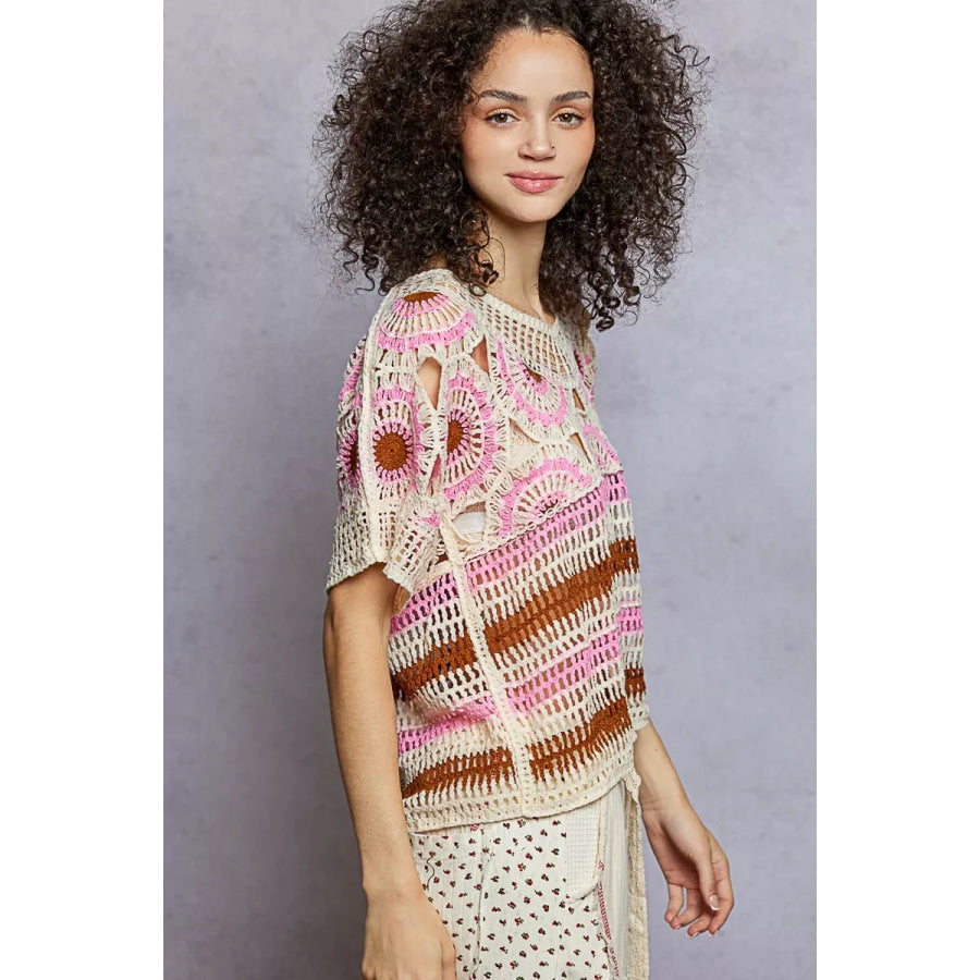 Weave Pattern Short Sleeve Crochet Top with Border Accents PINK MULTI / One Size Apparel and Accessories
