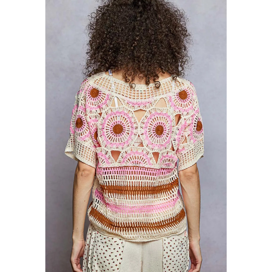 Weave Pattern Short Sleeve Crochet Top with Border Accents PINK MULTI / One Size Apparel and Accessories