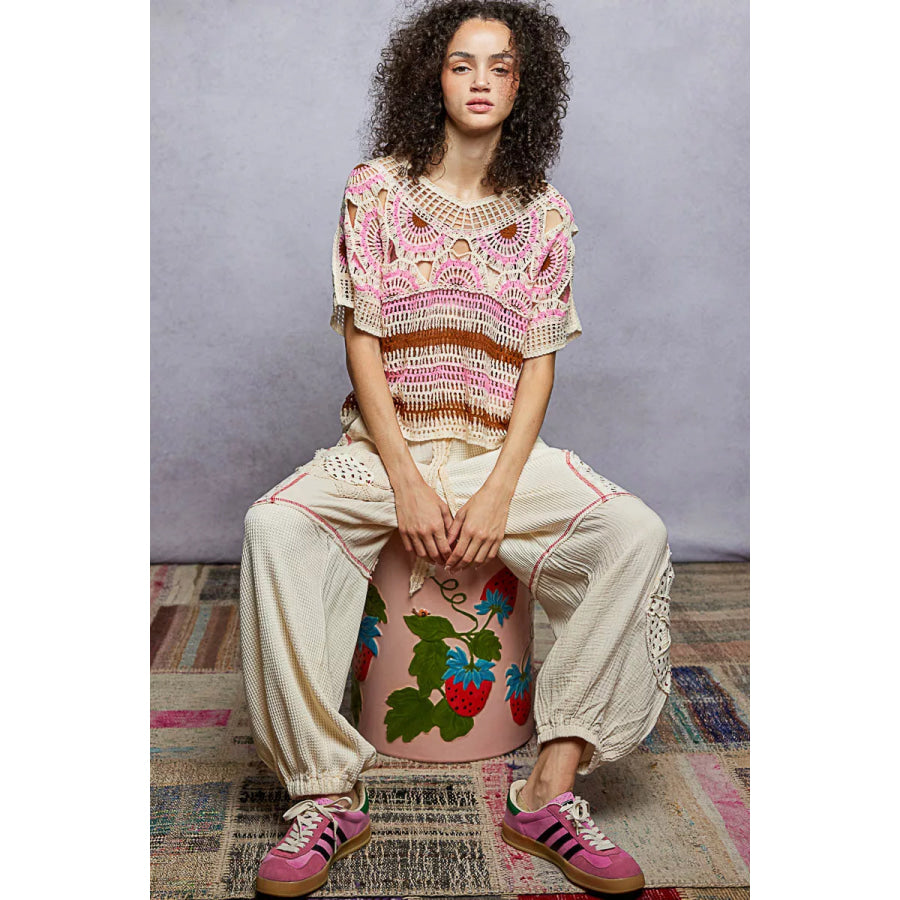 Weave Pattern Short Sleeve Crochet Top with Border Accents PINK MULTI / One Size Apparel and Accessories