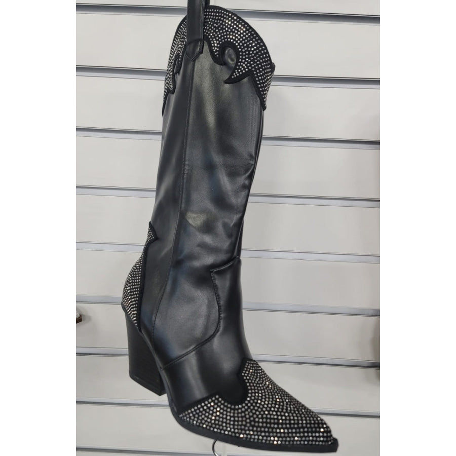 Weeboo Chunky Heel Rhinestone Decor Western Boots Black / 6.5 Apparel and Accessories