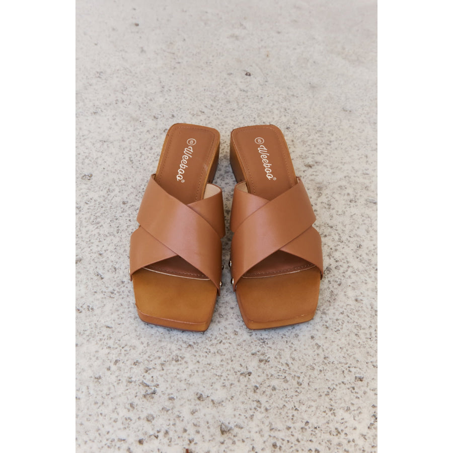 Weeboo Step Into Summer Criss Cross Wooden Clog Mule in Brown footwear