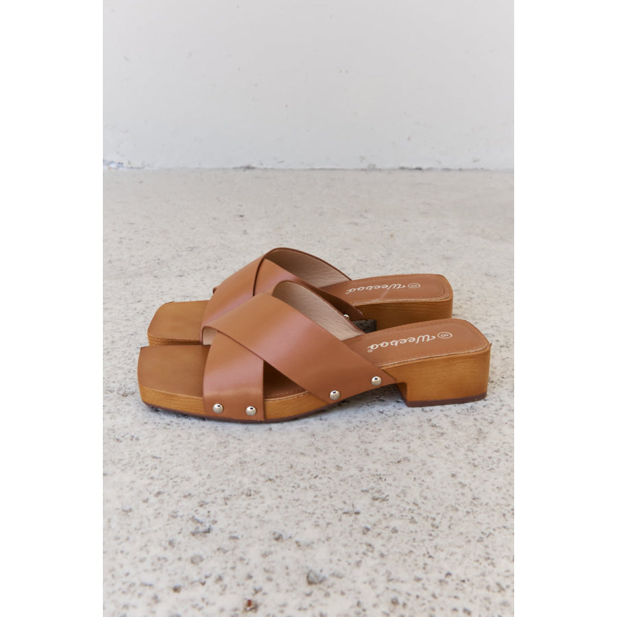 Weeboo Step Into Summer Criss Cross Wooden Clog Mule in Brown footwear