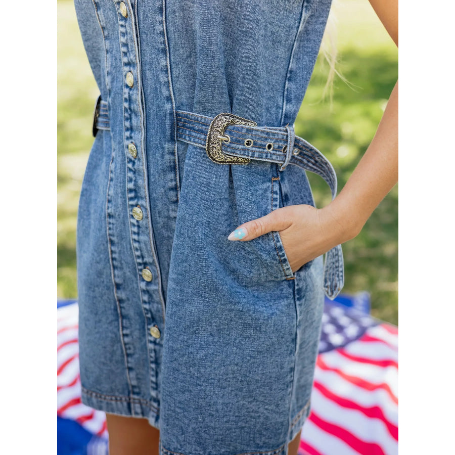 Western Belt Button Down Sleeveless Denim Short Dress Apparel and Accessories