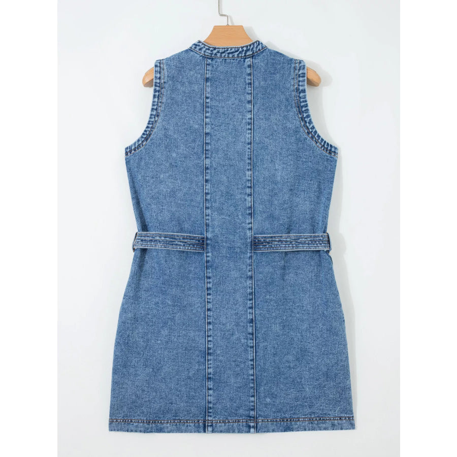 Western Belt Button Down Sleeveless Denim Short Dress Apparel and Accessories