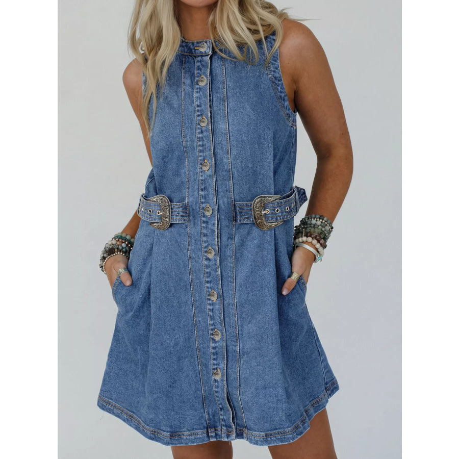 Western Belt Button Down Sleeveless Denim Short Dress Medium / S Apparel and Accessories