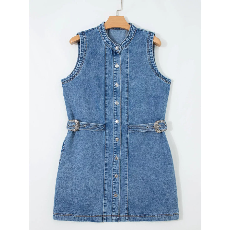 Western Belt Button Down Sleeveless Denim Short Dress Apparel and Accessories
