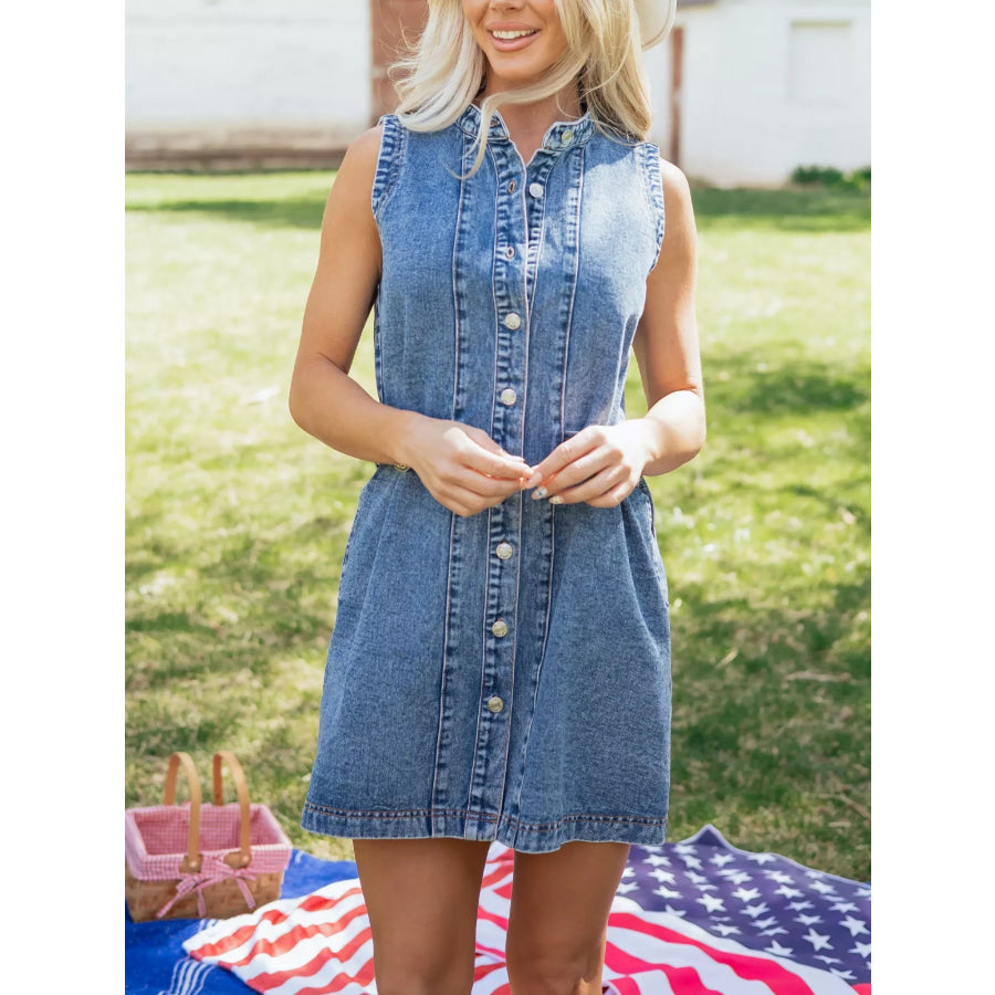 Western Belt Button Down Sleeveless Denim Short Dress Apparel and Accessories