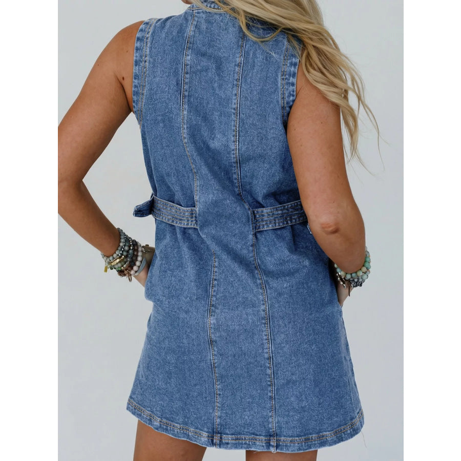 Western Belt Button Down Sleeveless Denim Short Dress Apparel and Accessories