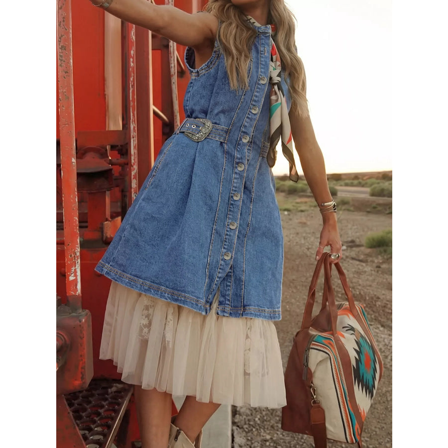 Western Belt Button Down Sleeveless Denim Short Dress Medium / S Apparel and Accessories