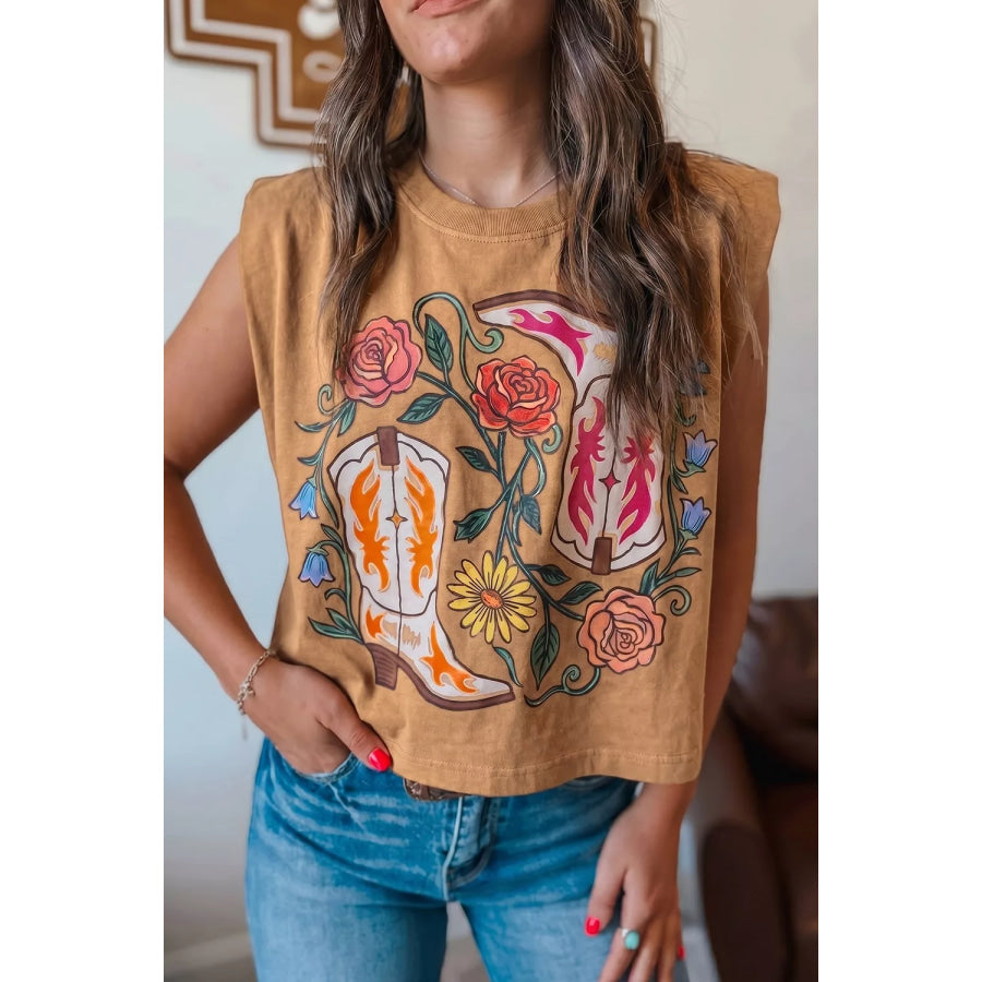 Western Boots Flower Printed Sleeveless Loose Tank Top Apparel and Accessories