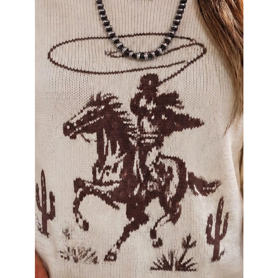 Western Cowboy Graphic Round Neck Sweater Apparel and Accessories