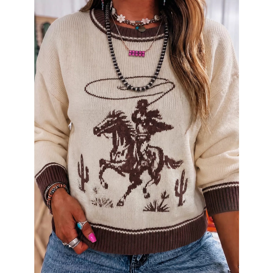 Western Cowboy Graphic Round Neck Sweater Beige / S Apparel and Accessories