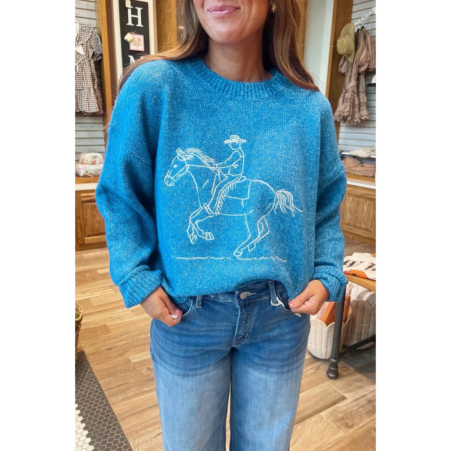 Western Embroidery Drop Shoulder Sweater Apparel and Accessories