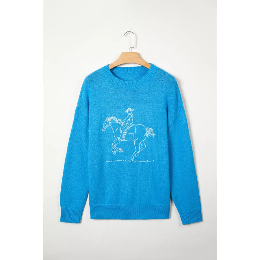 Western Embroidery Drop Shoulder Sweater Apparel and Accessories