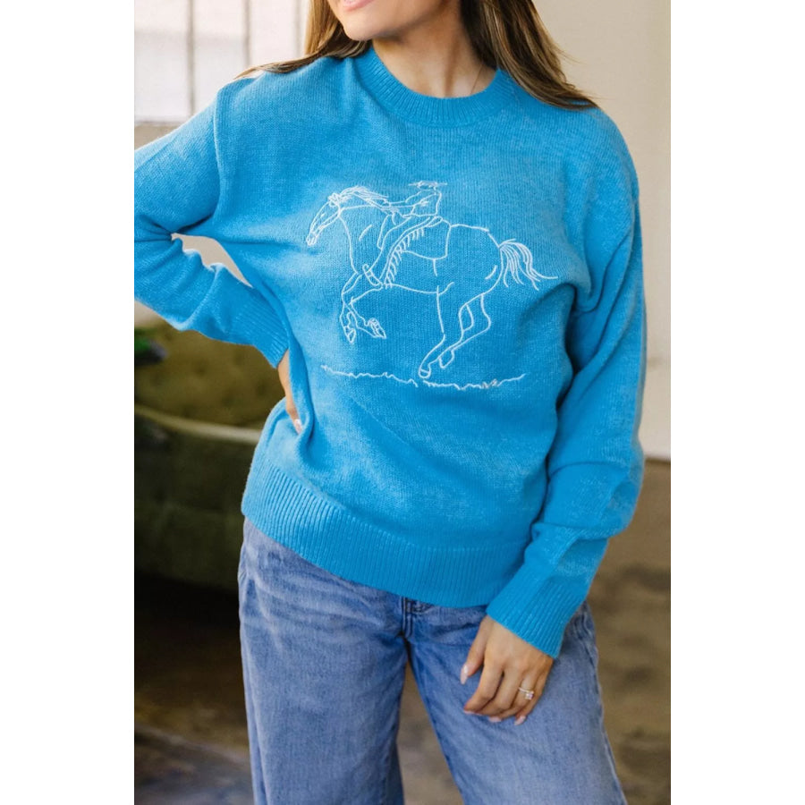 Western Embroidery Drop Shoulder Sweater Apparel and Accessories