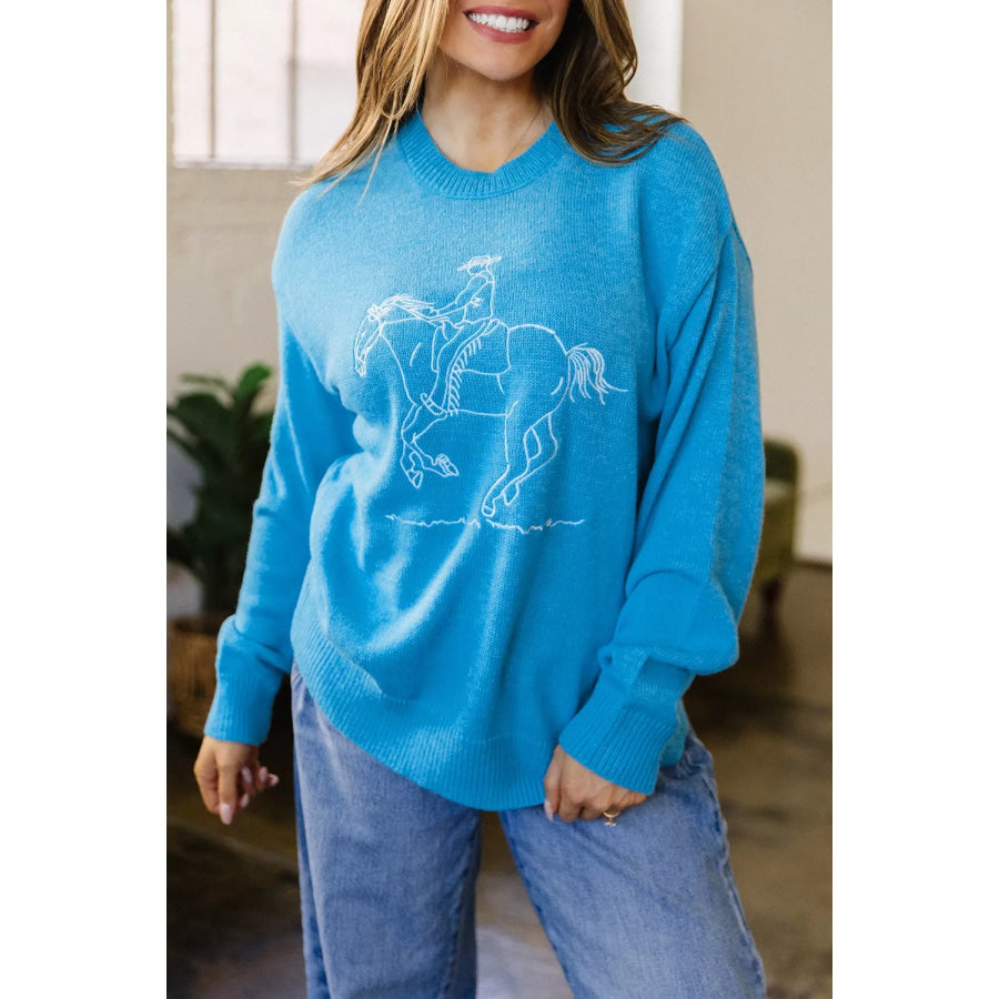 Western Embroidery Drop Shoulder Sweater Sky Blue / S Apparel and Accessories