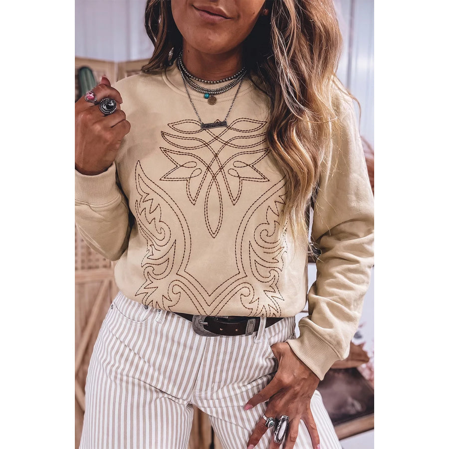 Western Embroidery Round Neck Pullover Long Sleeve Sweatshirt Apparel and Accessories