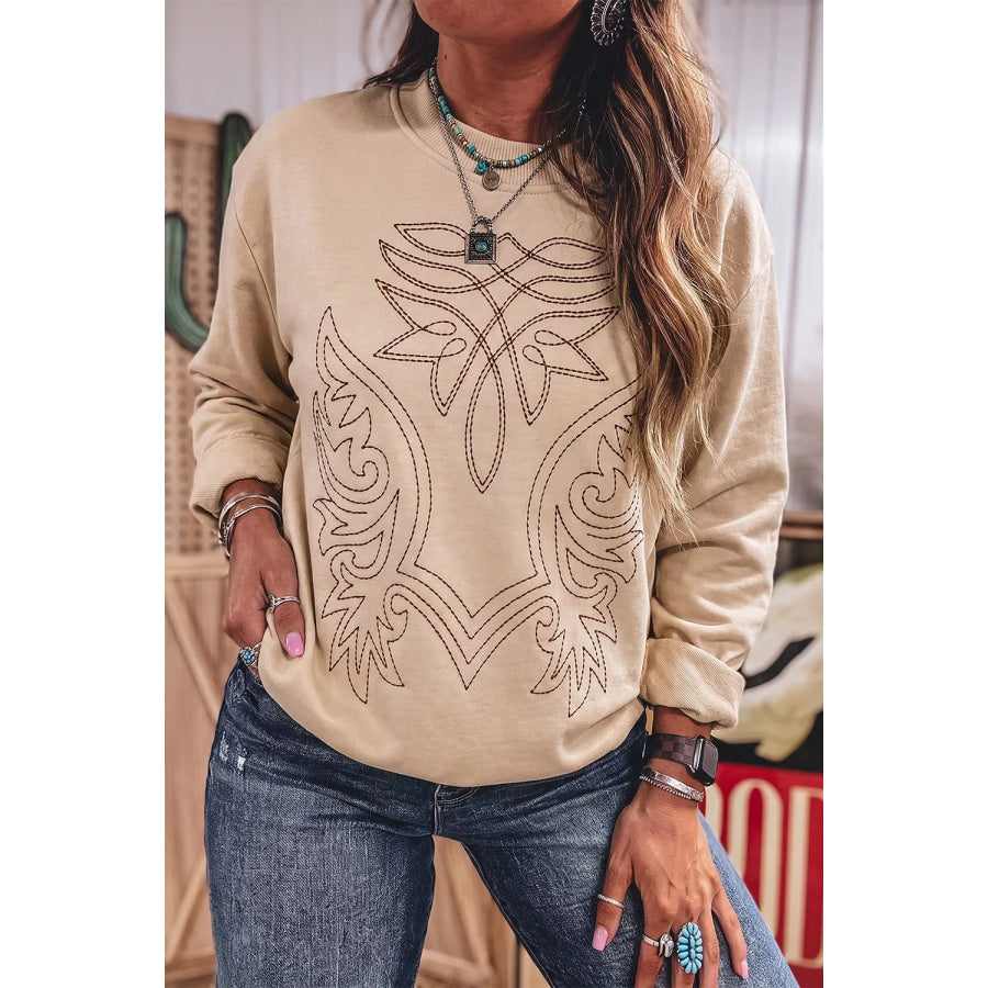 Western Embroidery Round Neck Pullover Long Sleeve Sweatshirt Tan / S Apparel and Accessories