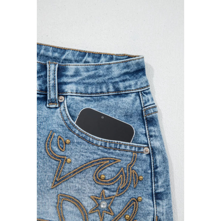 Western Embroidery Stud Denim Shorts Apparel and Accessories