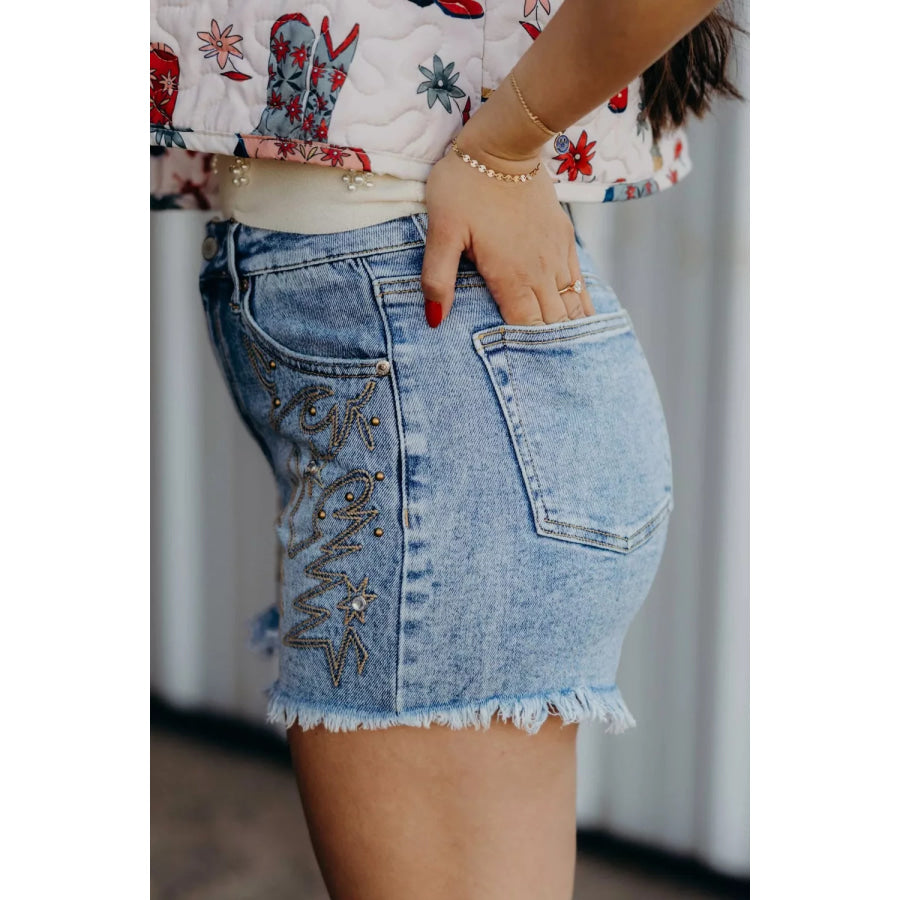 Western Embroidery Stud Denim Shorts Apparel and Accessories