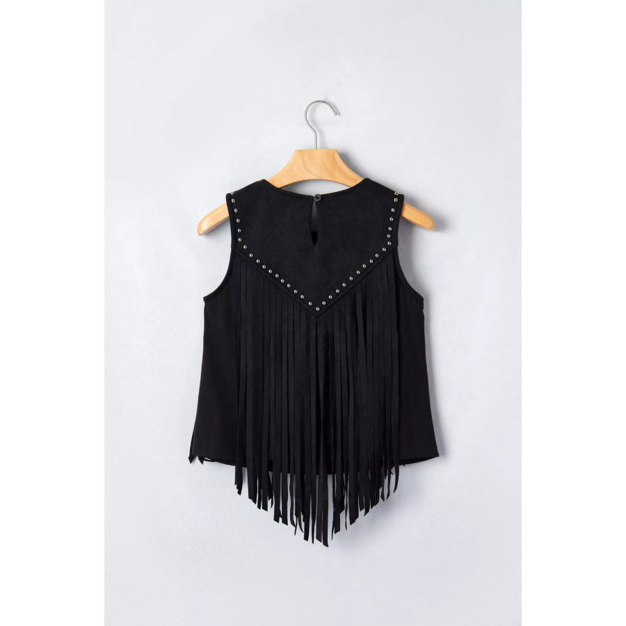 Western Fringe Rivet Paneling Bust Sleeveless Top Apparel and Accessories