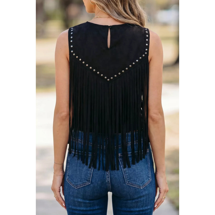 Western Fringe Rivet Paneling Bust Sleeveless Top Apparel and Accessories