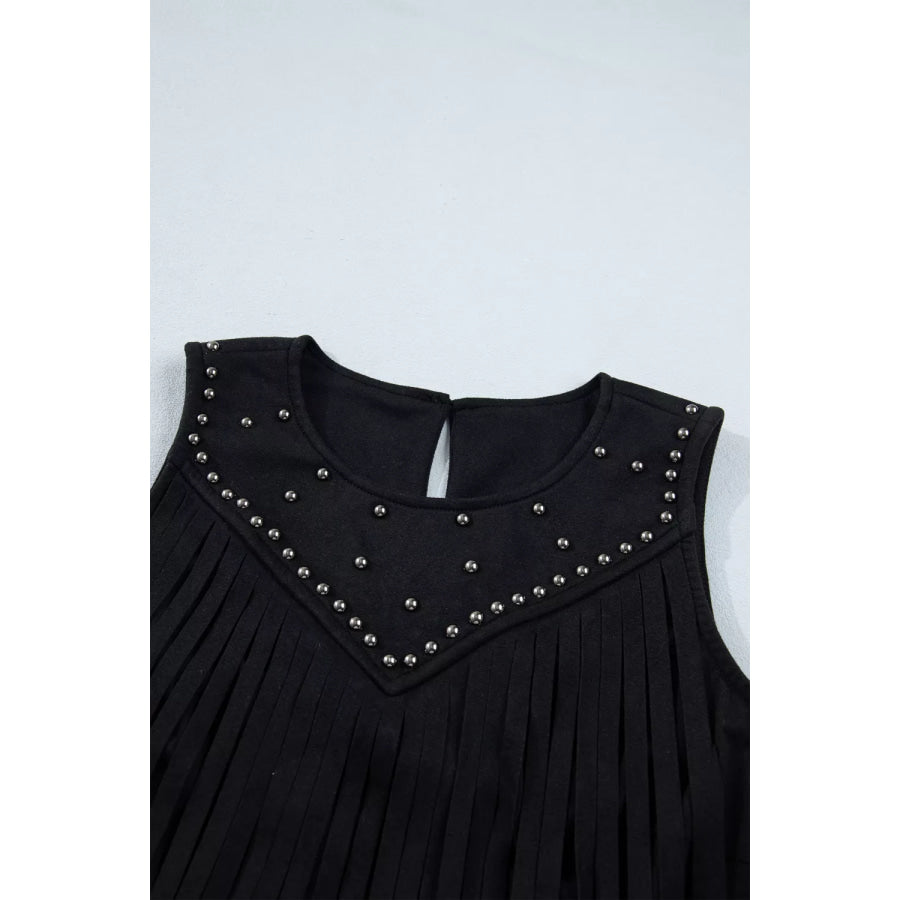 Western Fringe Rivet Paneling Bust Sleeveless Top Apparel and Accessories