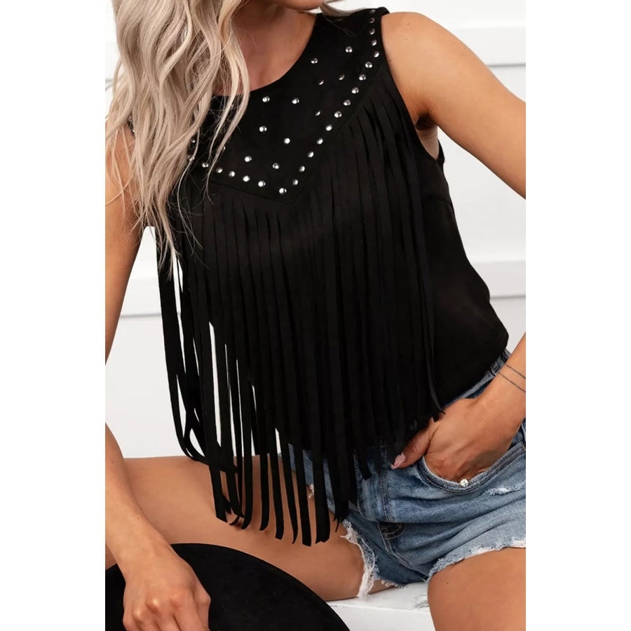 Western Fringe Rivet Paneling Bust Sleeveless Top Apparel and Accessories