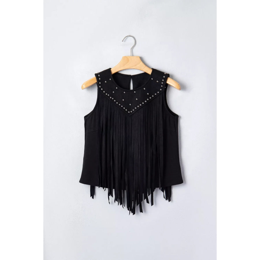 Western Fringe Rivet Paneling Bust Sleeveless Top Apparel and Accessories