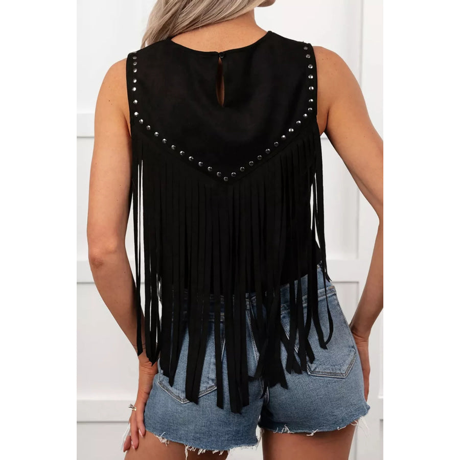 Western Fringe Rivet Paneling Bust Sleeveless Top Apparel and Accessories