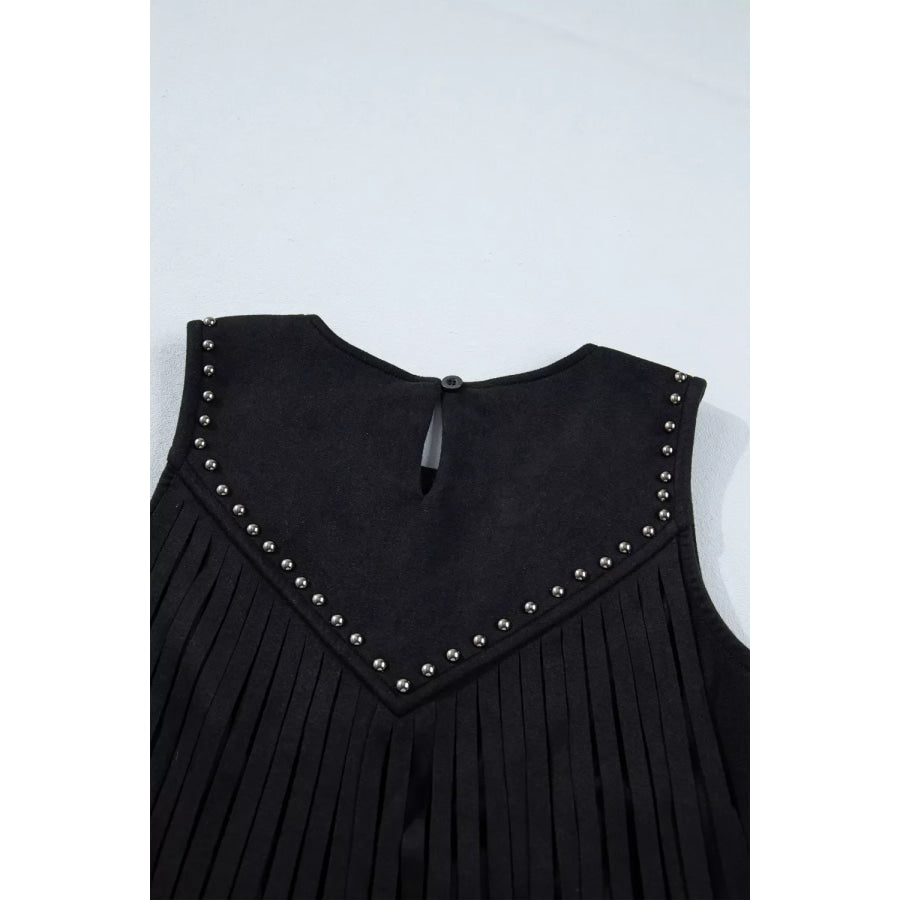 Western Fringe Rivet Paneling Bust Sleeveless Top Apparel and Accessories