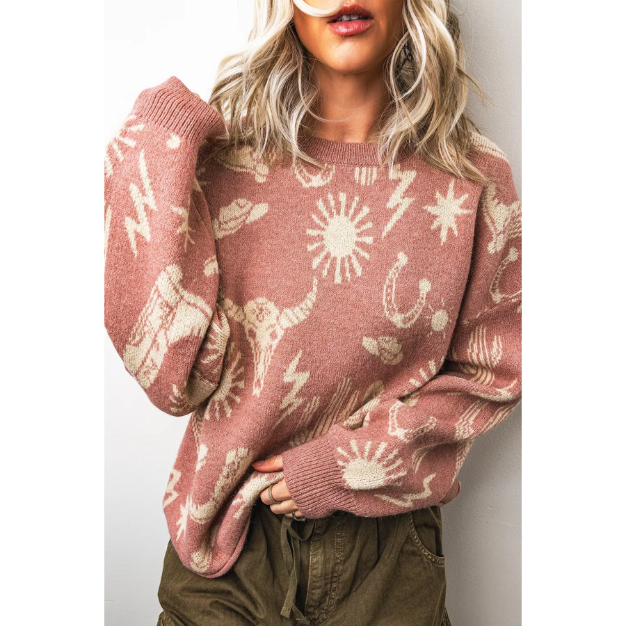 Western Graphic Round Neck Sweater Apparel and Accessories